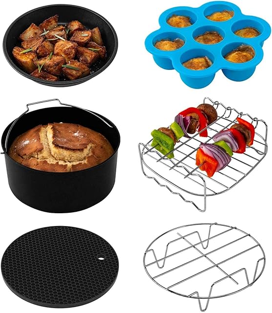 COSORI Air Fryer Accessories Set, Fit All of Brands 3.5 L, Pack of 6 Including Cake Pan/Pizza Pan/Metal Holder/Multi-Purpose Rack with Skewers/Silicone Mat/Egg Bites Mold with Lid