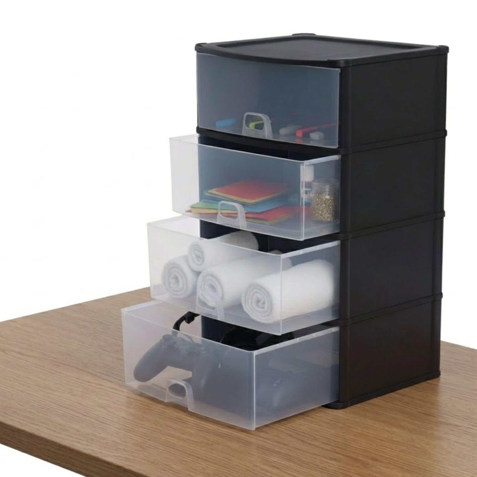 AOC24 1pc A4 Desk Drawer Organiser, 4 Tier Plastic Desktop Storage Unit, Jam-Free Sliding Design With Clear View Drawers, Space Saving Office Desk Organiser for Paper, School (Large 4Deep)