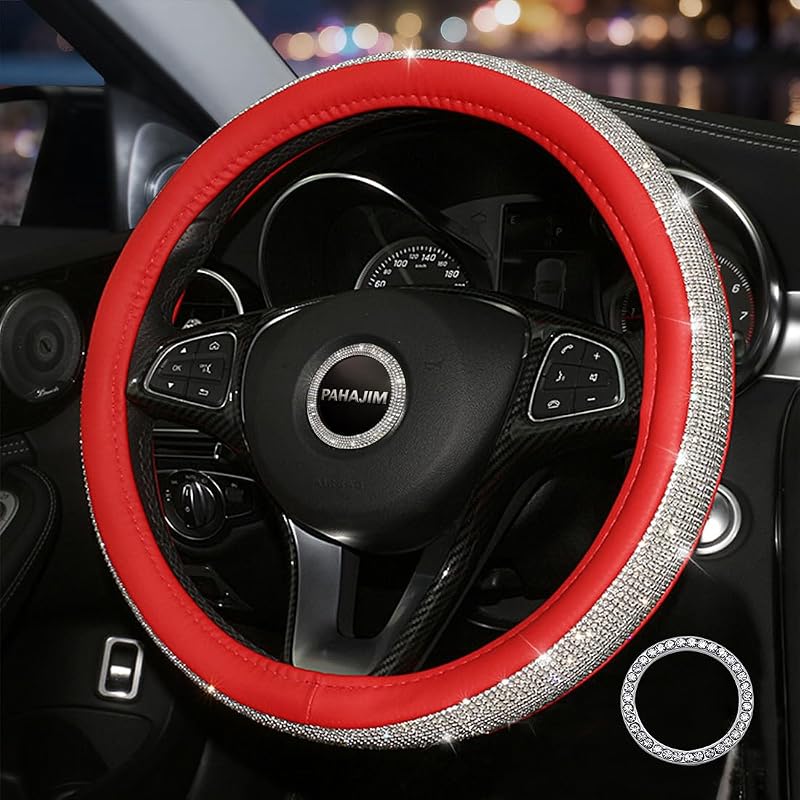Pahajim Couvre Volant Universelle en Cristal, Housse Volant Voiture 38cm en Cuir avec Paillette Diamant Bling Strass pour Femmes Decoration Voiture (Rouge-Blanc)