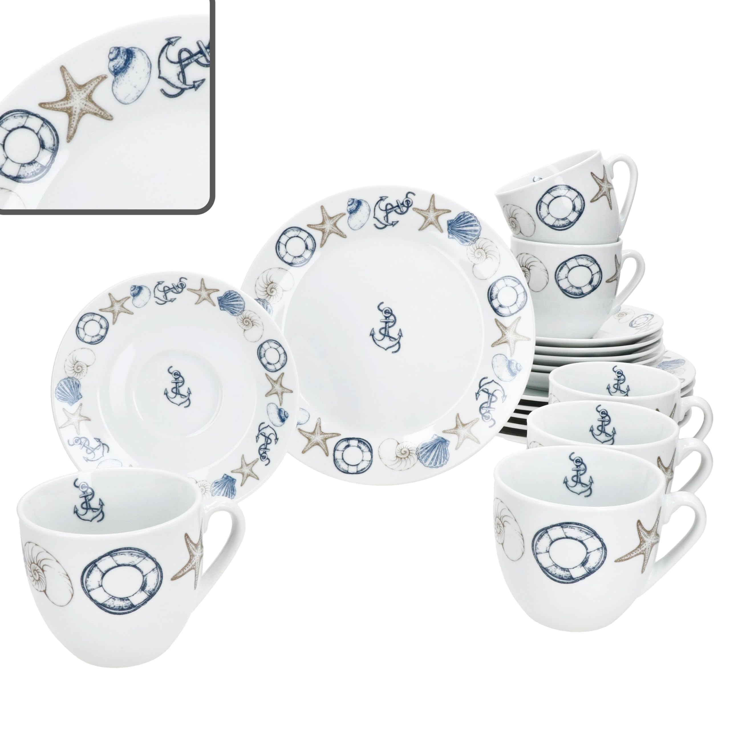 MamboCat Neptun Service à café 18 pièces I Vaisselle en porcelaine avec motifs maritimes Ancre, Coquillage & Co pour 6 personnes I 6 tasses de 200 ml, soucoupes et assiettes pour petit déjeuner et