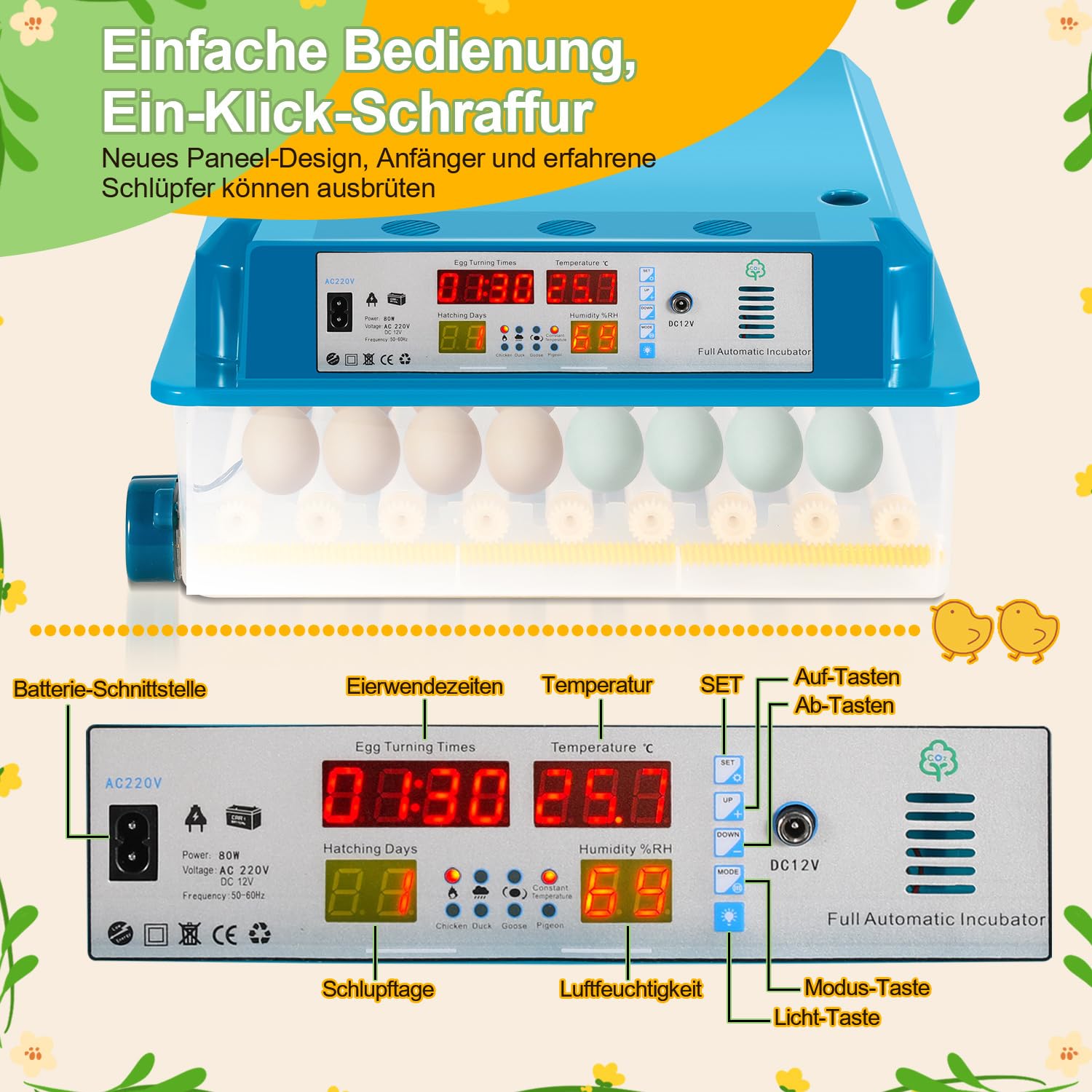 Incubadora totalmente automática, incubadora para 64 huevos de gallina con control de temperatura y humedad, sistema automático de giro de 90 minutos, transluminancia LED y funcionamiento con