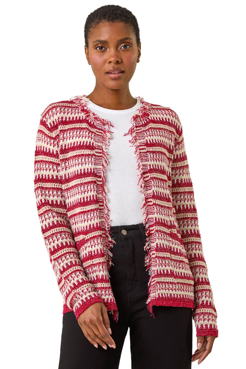 Roman Originals Women's Red Linear Textu Cardigan For Uk - Everyday Autumn Winter Crew Neckline Comfy Soft Evening Vacation Work Party Night Out - Size 18