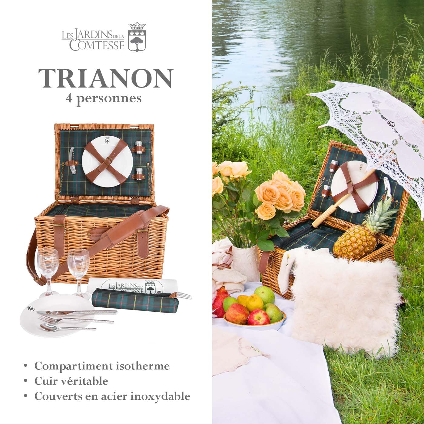 Les Jardins de la Comtesse - Cestino da Picnic Trianon Verde - Con Cinturini in Pelle - Completo Per 4 Persone - Scomparto Isotermico - Piatti in Ceramica/Bicchieri da Vino in Vetro - 45 x 31 x 25 cm