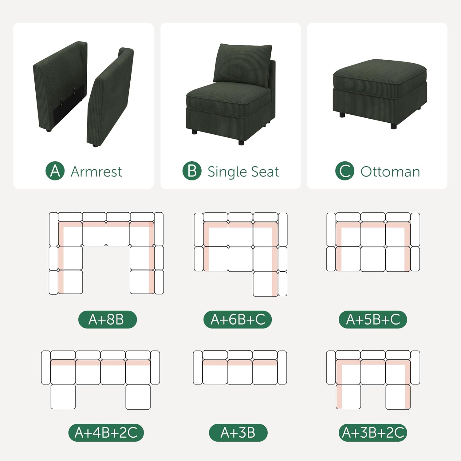 HONBAY Module Armrest for Modular Sectional Sofa, Pair of Sofa Armrest for Sectional Modular Couch - Green