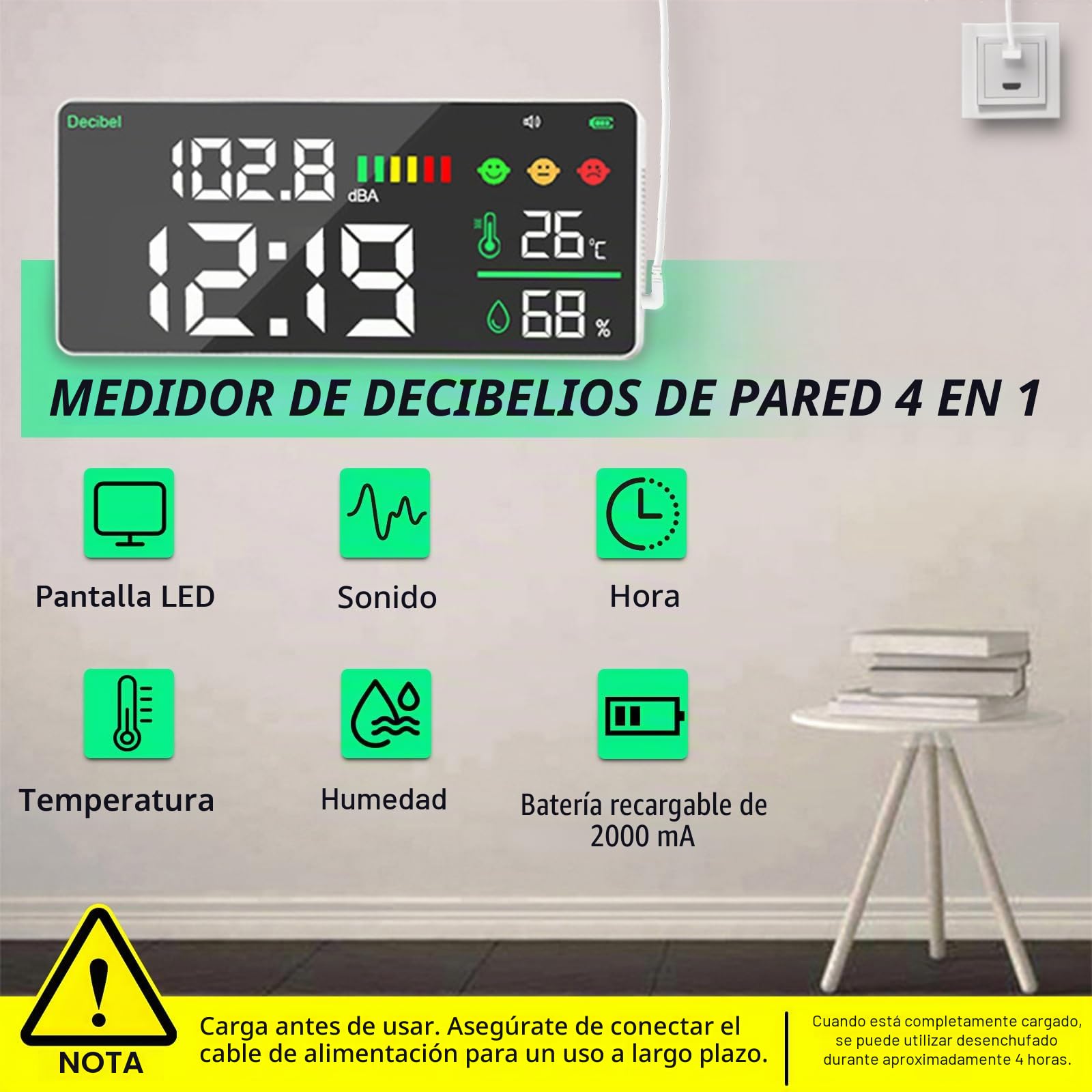 Medidor de Nivel de Sonido de Pared de 30 a 130 dB con Alarma, Medidor de Nivel de Sonido 11" LED Decibelios/Temperatura/Humedad/Tiempo, Decibelímetros Medidor de Ruido Recargable y Cable USB