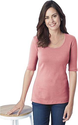 SAGEFINDS Camiseta de cuello redondo hasta el codo, 100% algodón, parte superior ajustada para mujer, camiseta de punto acanalado ultrasuave