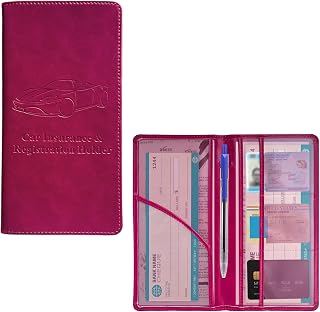 Car Registration and Insurance Holder, Leather Auto Glove Box Document Organizer with Magnetic Closure, Car Essential Paperwork Wallet Case Interior Accessories for Women Men (Rose Red)