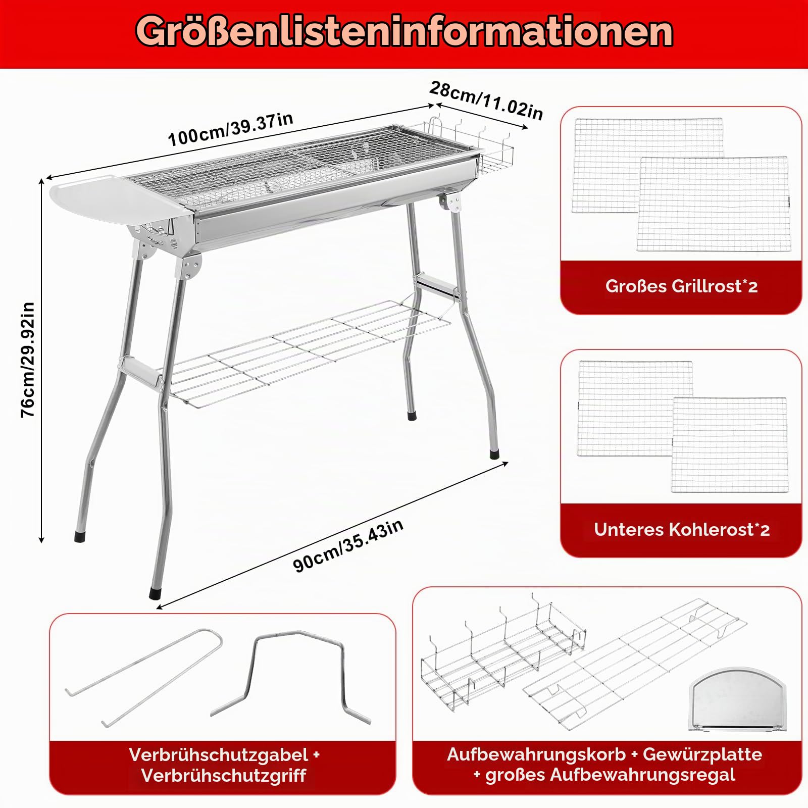 Holzkohlegrill Edelstahl Faltgrill Campinggrill 100 x 28x 76 cm, Outdoor Grill, Tragbar Kohlegrill für den Außenbereich für Grillpartys im Freien von 2-8 Personen