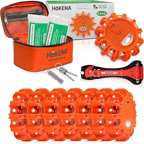 HOKENA Juego de 14 piezas Kit de emergencia y seguridad de coche LED Disco de baliza de advertencia en carretera para vehículo y barco con