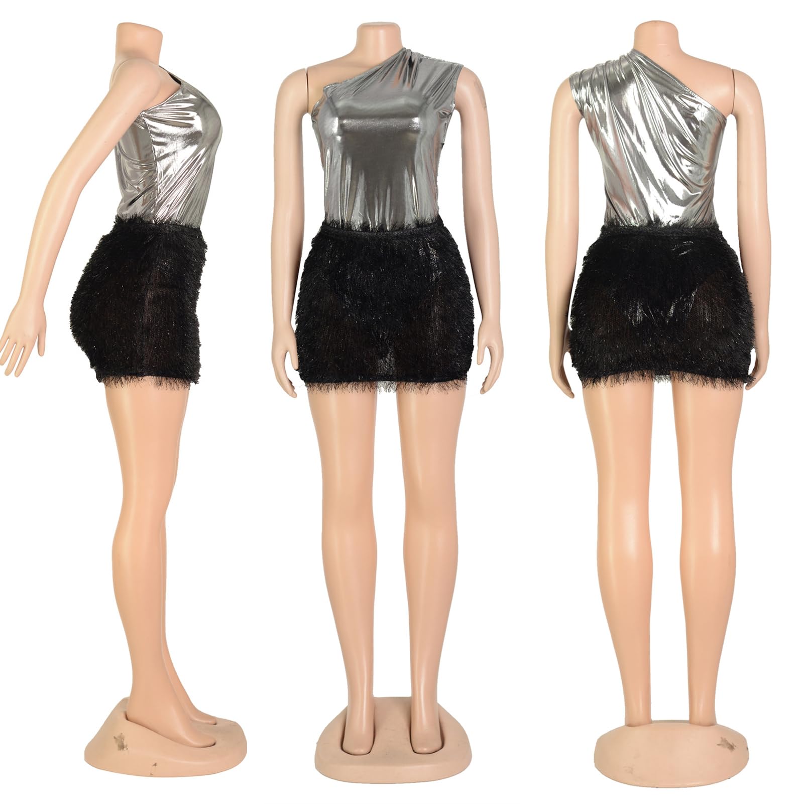 Uni Clau Vestido corto sexy de piel sintética con un hombro descubierto para mujer, con lentejuelas, sin mangas, ajustado, para fiesta o club