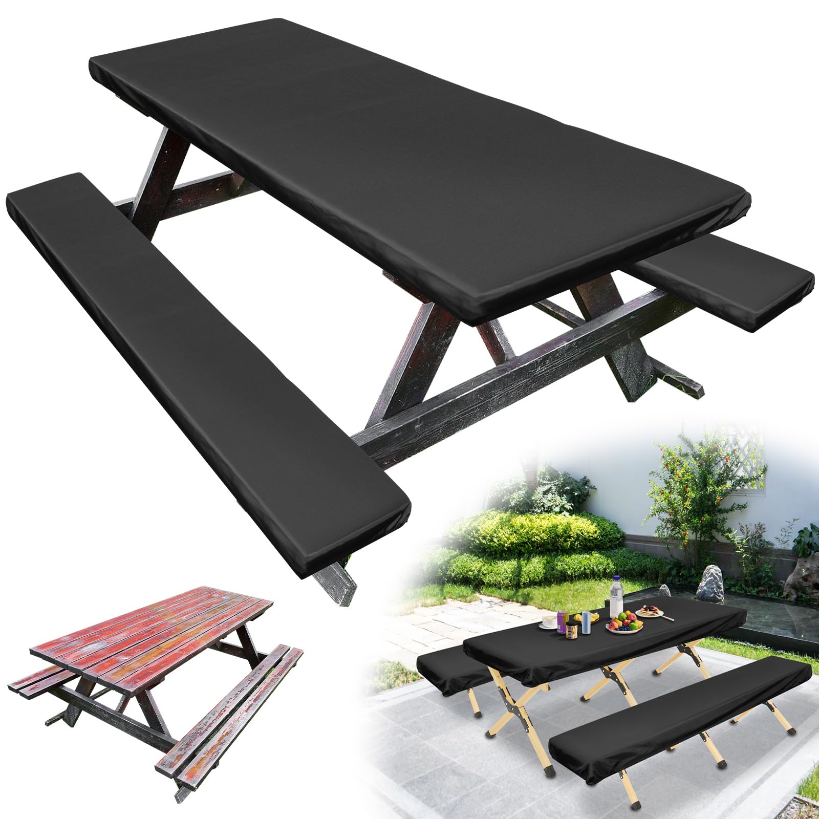 Ghshanog Black Picnic Table Cover With Bench Covers, Waterproof Elastic Picnic Tablecloth,183X76cm Windproof Table Cover For 6 Ft Rectangle Tables,Washable Tablecloth For Camping Outdoor(Black)