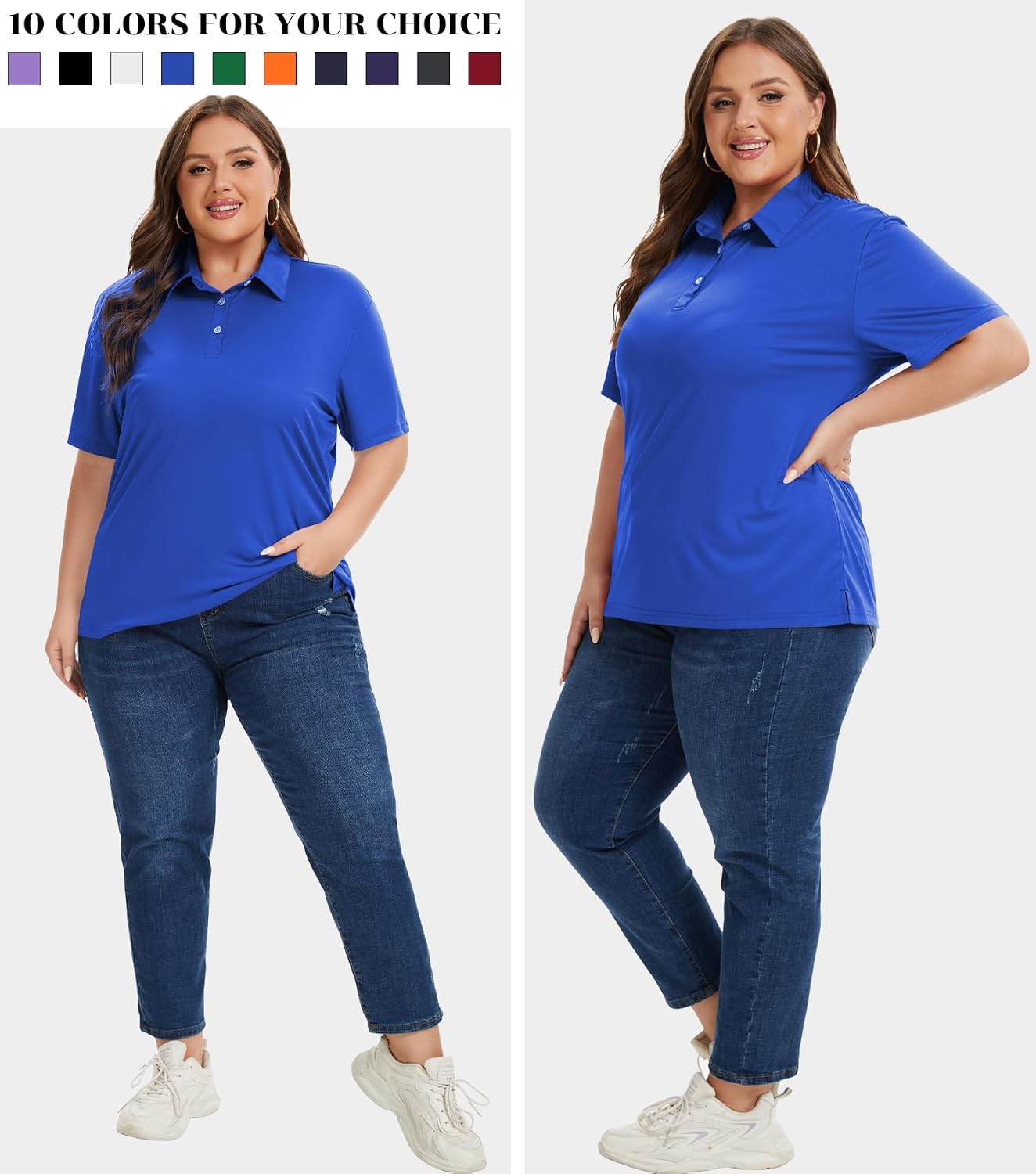 Idtswch Women's Plus Size Polo Shirts UPF 50+ Casual Work Quick Dry 3 Buttons Short Sleeve Collared Golf Shirt (XL-6XL)