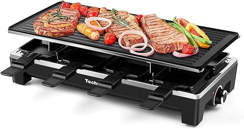 Miniatura 10 de Raclette Grill, Techwood - Parrilla eléctrica para interiores con 2 platos antiadherentes reversibles, 1 placa de parrilla de piedra, calentamiento