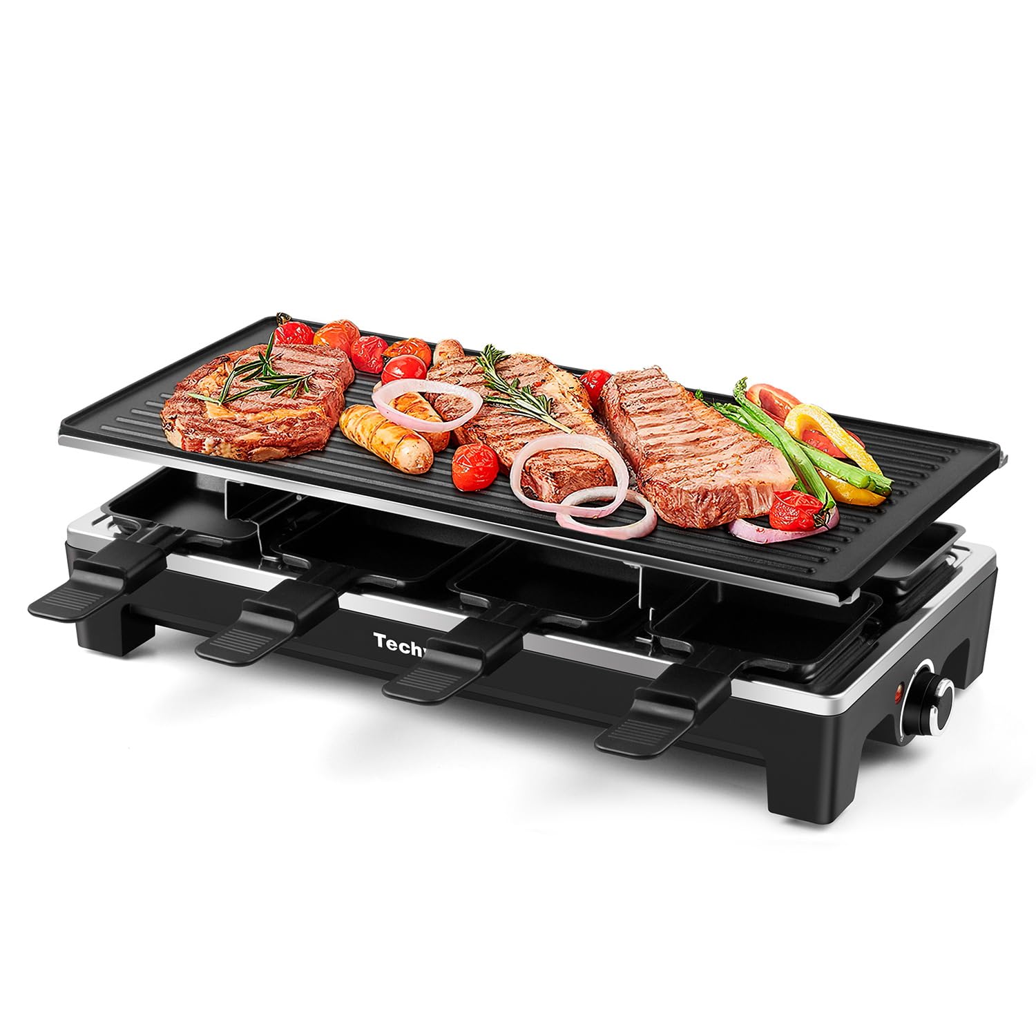 Raclette Grill, Techwood Electric Table Indoor Grill Korean BBQ Grill, Removable 2-in-1 Non-Stick Grill Plate, 1500W Fast Heating with 8 Cheese Melt Pans, Ideal for Parties and Family Fun