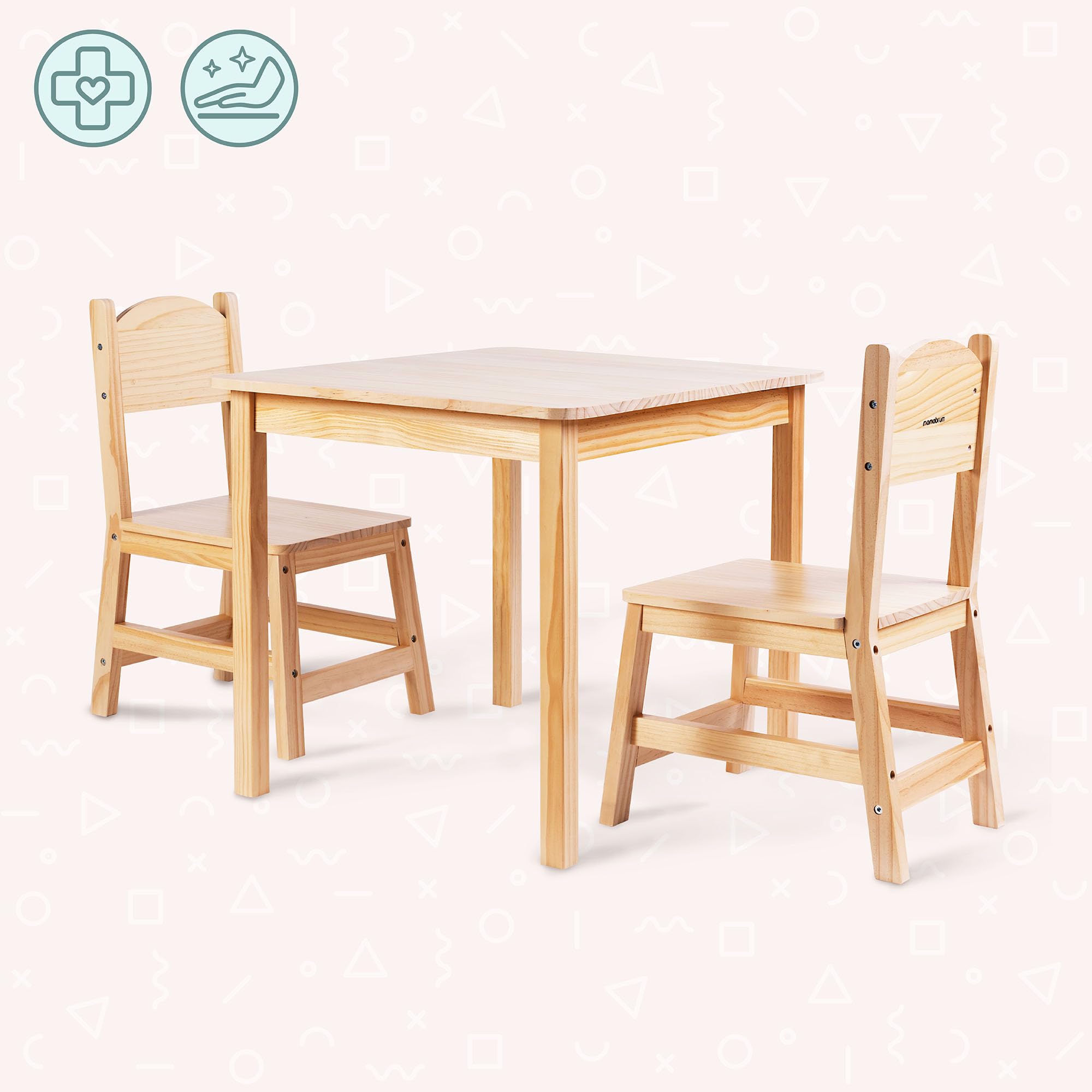 Mamabrum Drewniany Stolik i 2 Krzesełka dla Dzieci – Zestaw z Naturalnego Drewna Sosnowego do Zabawy Nauki i Posiłków – Ergonomiczny i Bezpieczny – 3+