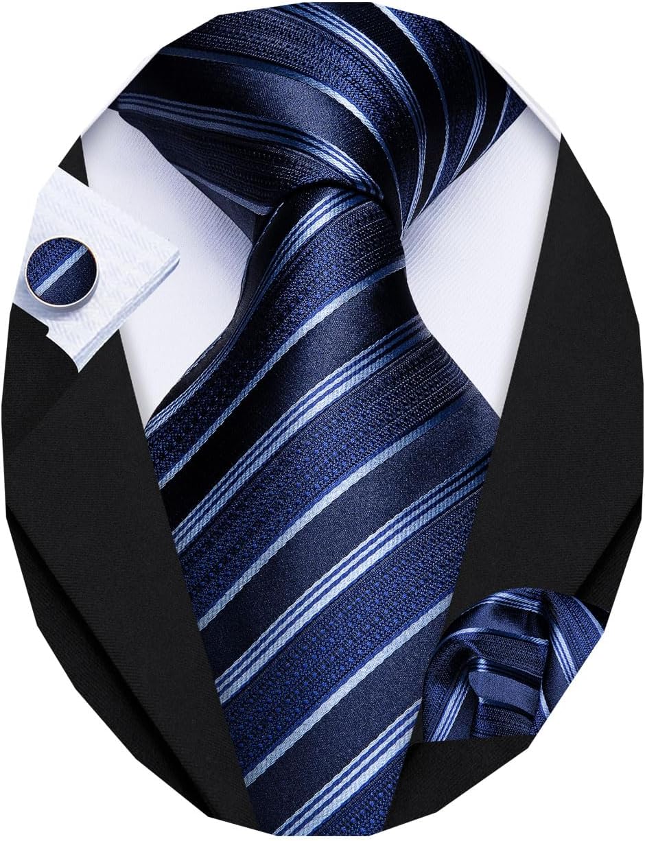 Barry.Wang Design Ties for Men Handkerchief Cufflink Necktie Set Gift Box Formal (Royal Blue Stripe)