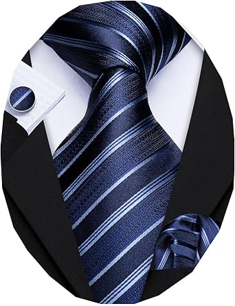 Barry.Wang Striped Men Ties Set Silk Necktie Handkerchief Cufflinks