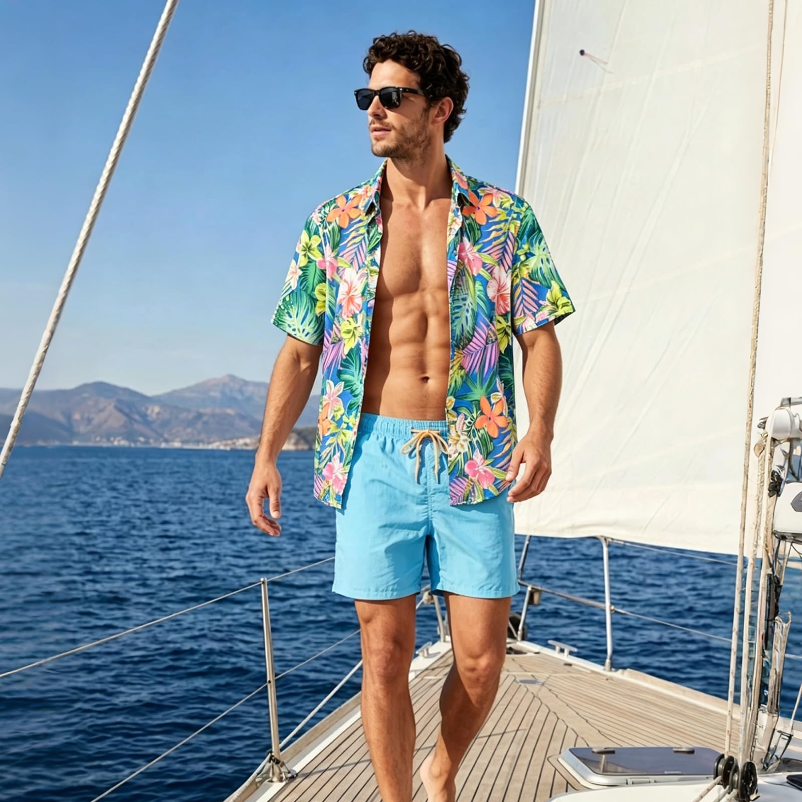 Camicia hawaiana da uomo, a maniche corte, estiva, per il tempo libero, con fiori, per vacanze, feste