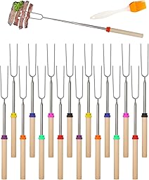 Ninnyi 16 Pcs Marshmallow Toasting Forks, Extendable Smores Marshmallow Toasting Sticks Kit with 1 Brush for BBQ, Outdoor Picnic, Bonfire