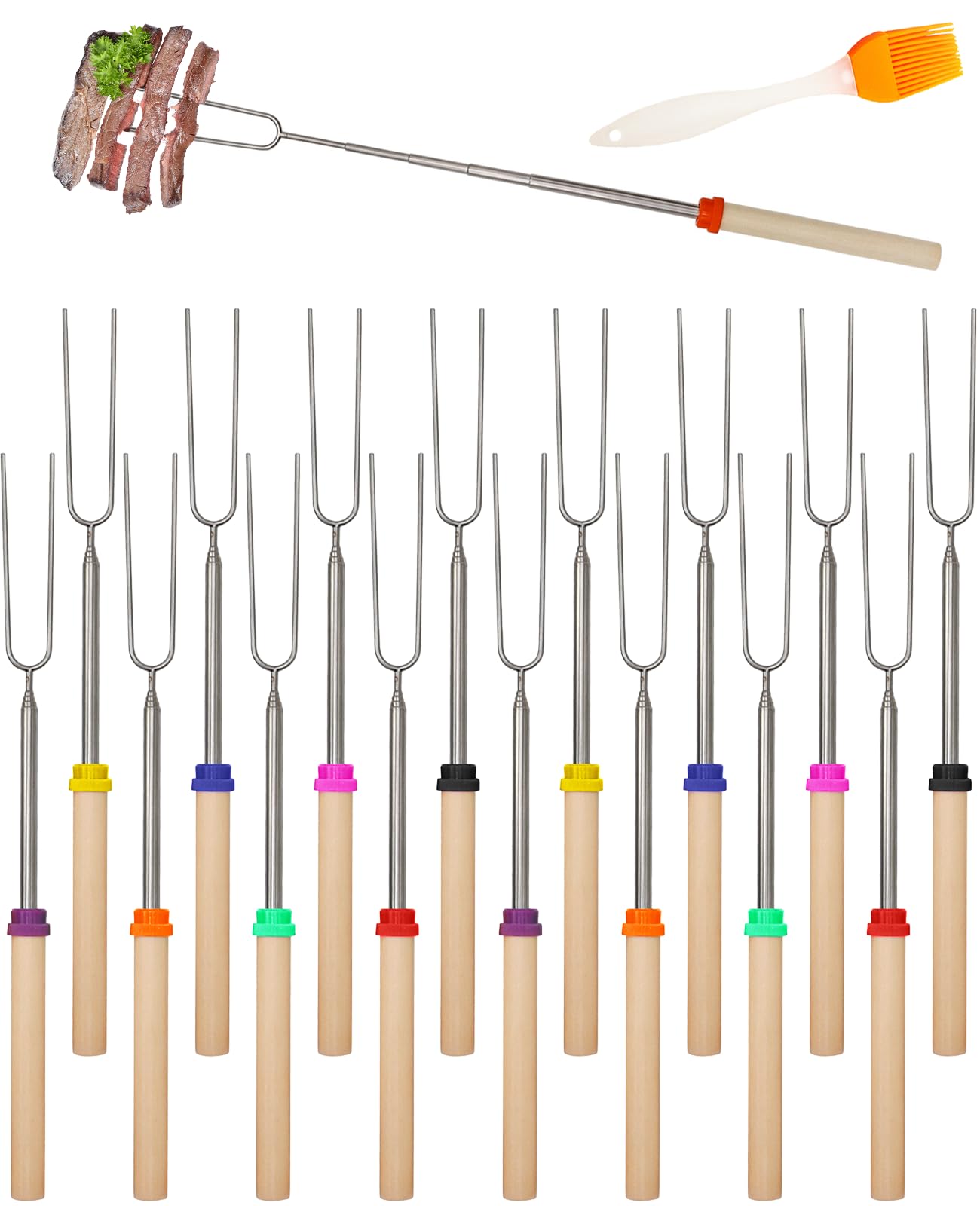 Ninnyi 16 Pcs Marshmallow Toasting Forks, Extendable Smores Marshmallow Toasting Sticks Kit with 1 Brush for BBQ, Outdoor Picnic, Bonfire - 1