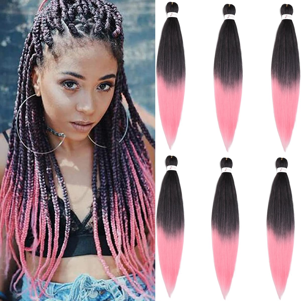 Pre Stretched Braiding Hair 36 Inch 6 Packs Ombre Braiding Hair Prestretched Crochet Braids Hair Professional Synthetic Braid Hair Extensions Hot Water Setting(36",1B/Pink)