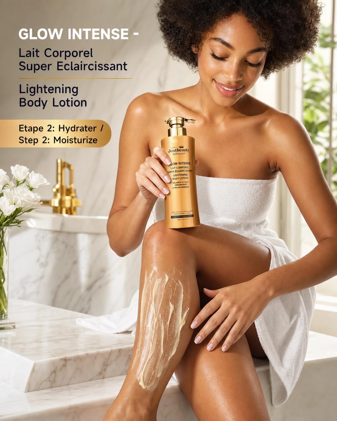 Glow Intense – Lait Corps Unifiant & Éclat 500 ml – Aide à améliorer l’apparence des taches pigmentaires et du teint irrégulier – Niacinamide, Acide Tranexamique & Alpha-Arbutine – Justbeauty Germany