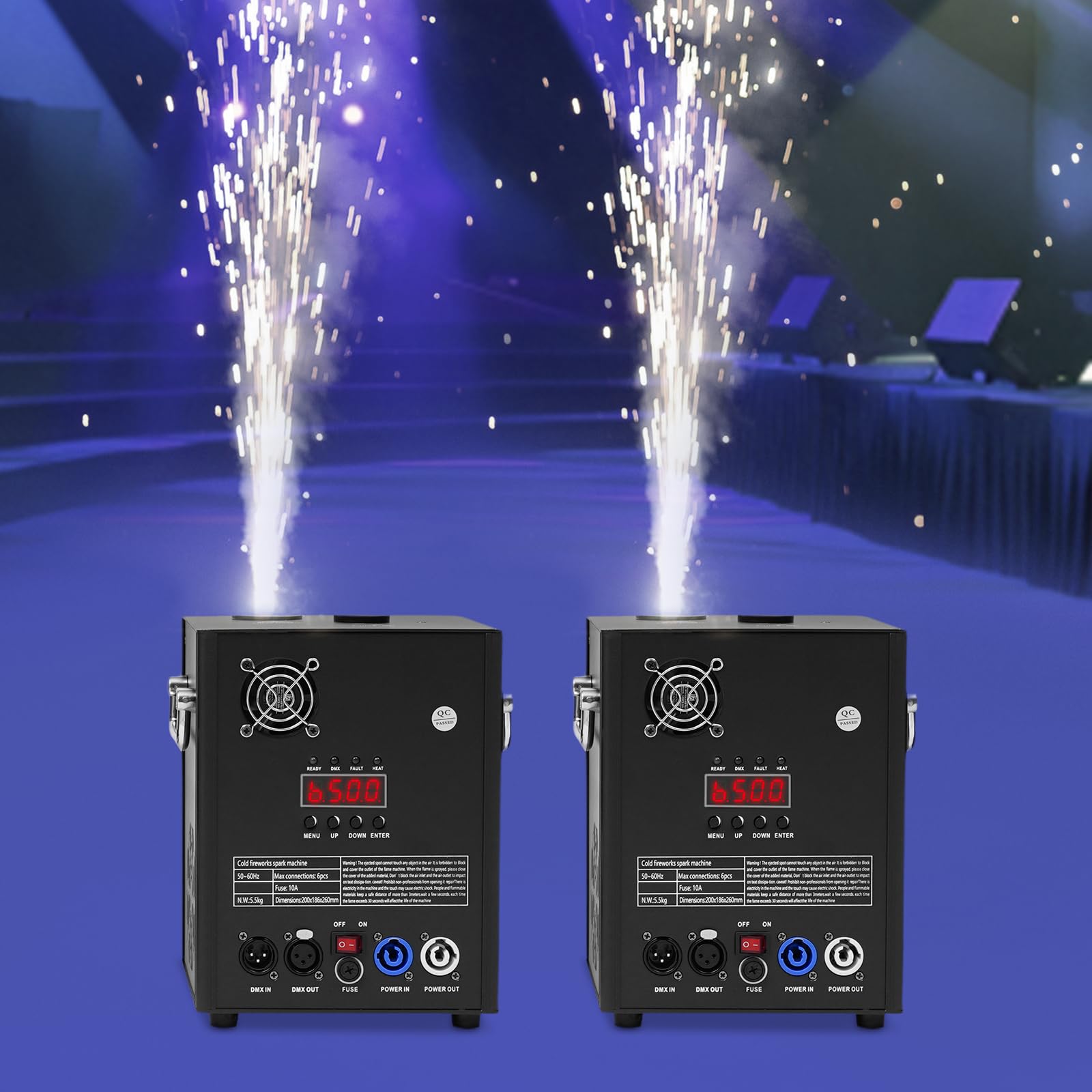 Set di 2 macchine pirotecniche con valigetta, 750 W, fuochi d'artificio freddi, DMX512 e telecomando, macchina da palcoscenico regolabile in altezza per matrimoni, feste, DJ, concerti, colore nero