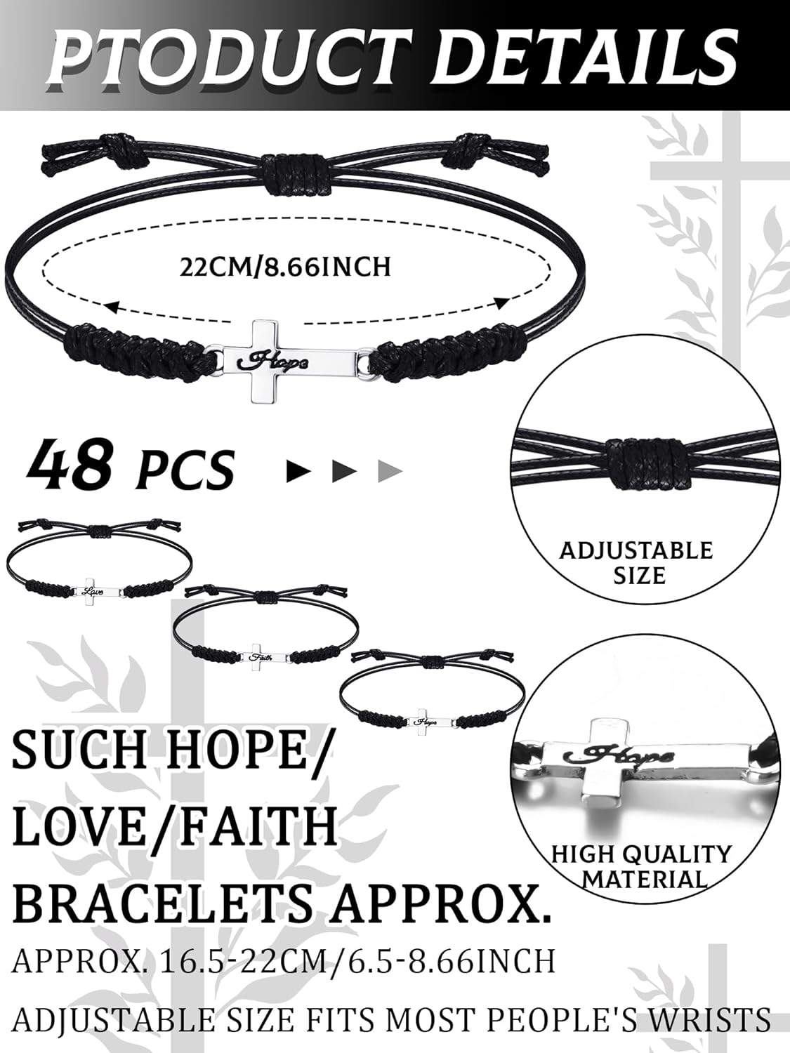 Yinkin 48 Pieces Christian Bracelet Bulk Cross Bracelet for Women Men Faith Hope Love Cross Adjustable Friendship String Rope Jewelry Christian Handmade Braided Jewelry Black Matching Couple Gifts - Image 3
