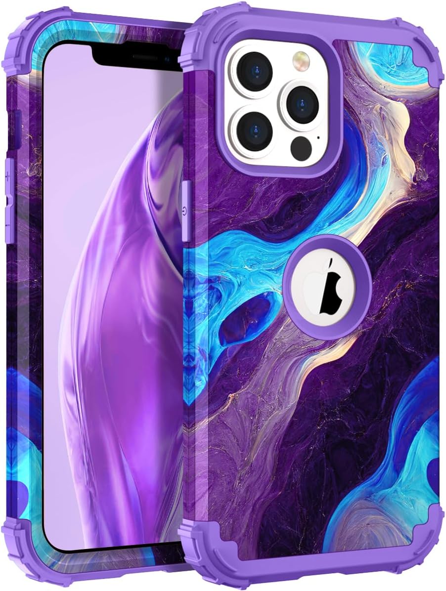 Hocase for iPhone 14 Pro Max Case, Heavy Duty Shockproof Protection Soft Silicone Rubber+Hard Plastic Bumpers Hybrid Protective Case for iPhone 14 Pro Max 2022 - Blue Purple Marble