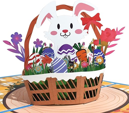 GREETING ART Easter Basket Pop Up Card,Easter Basket Bunny 3D Greeting Card,Easter Pop Up Card with Envelope – 3d Pop Up Easter Card for Kids,7.9″…