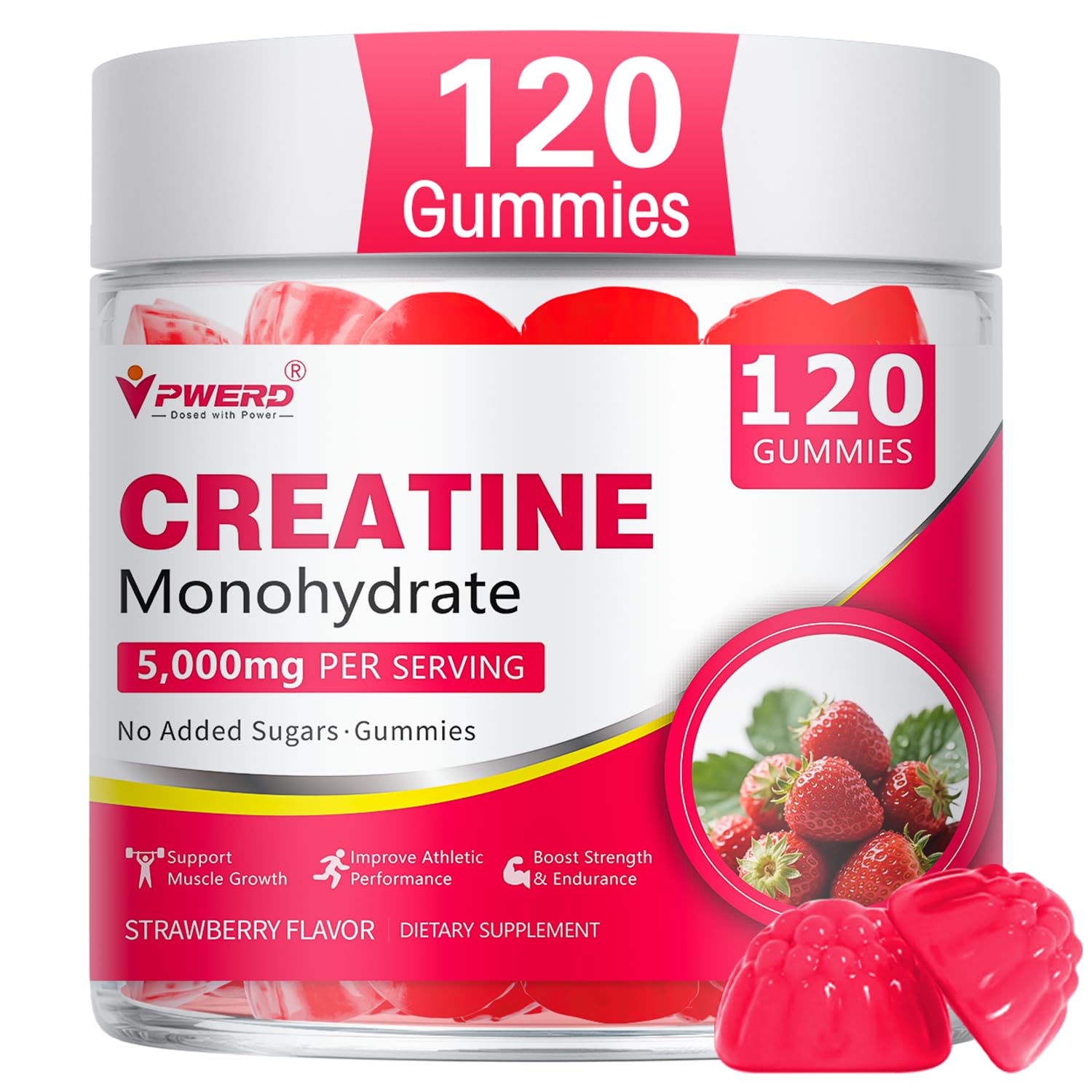 Creatine Gummies for Women - Booty Builder Supplement, Creatine Monohydrate Gummies 5g, Muscle Development & Post-Workout Recovery, L-Taurine & B12, Sugar Free, Vegan,Strawberry, 120 Ct