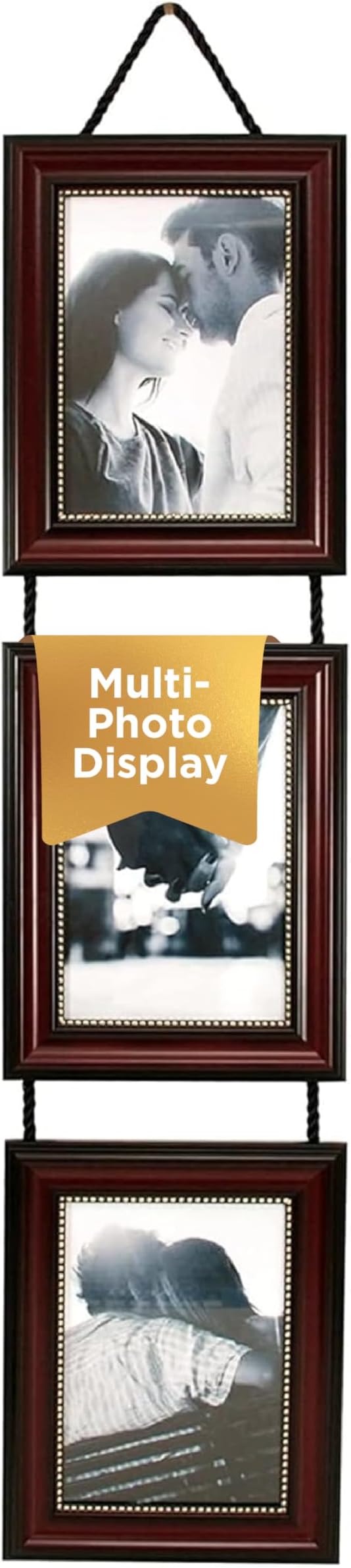 Lucy Collage Frame, Holds 3 Vertical 5" x 7" Photos, Wall Mount Picture Frame with Hanging Rope, 7.25" x 9.25", Dark Brown