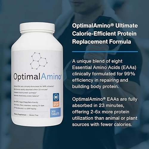 Miniatura 3 de OptimalAmino Tablets Fitness Bundle (600 unidades), suplemento de EAA 99% utilizado, aumenta la recuperación muscular, proteína BCAA veganaKeto