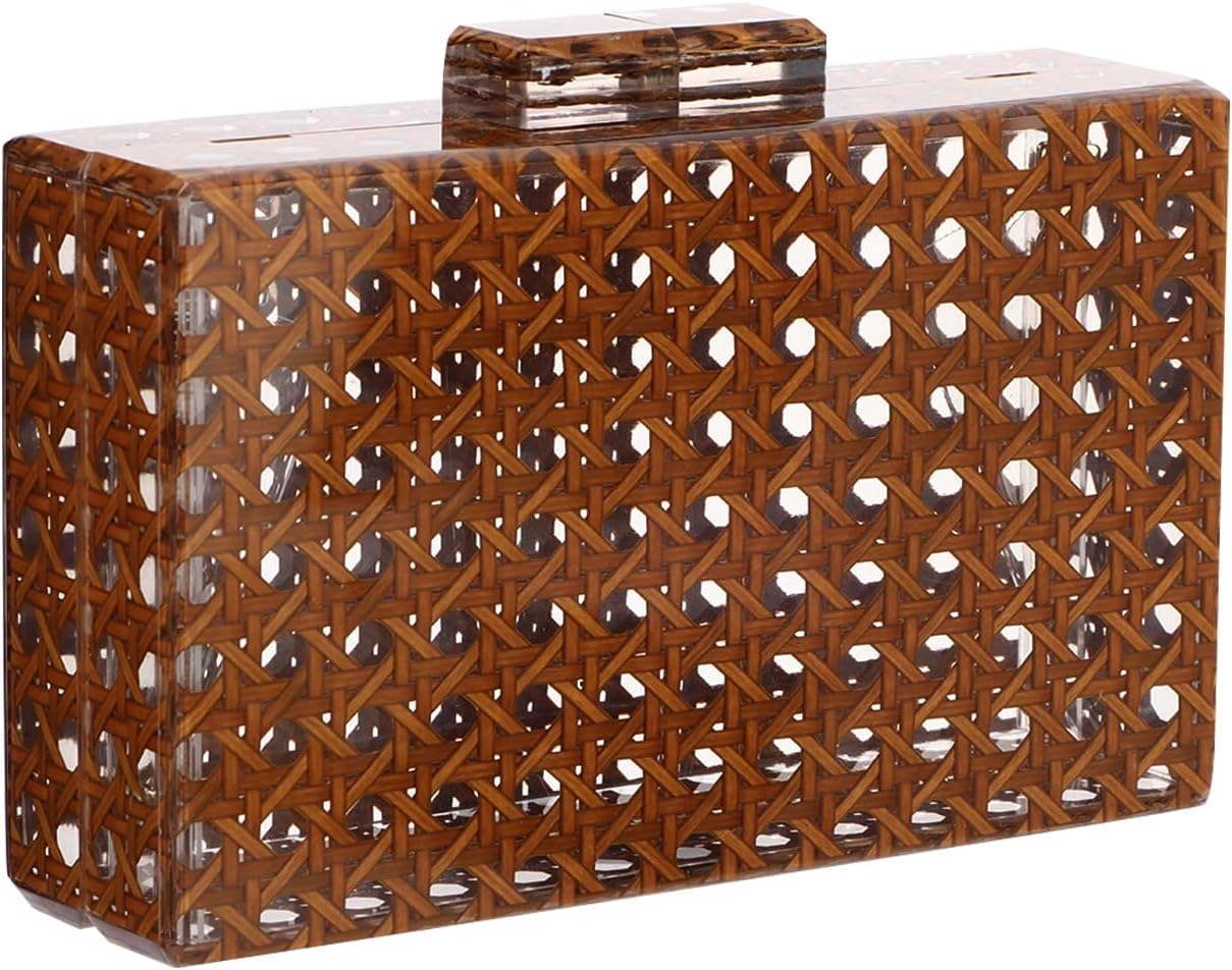 Fecialy Women Acrylic Clutch Purse Rattan Woven Pattern Handbag Square Box Crossbody Bag Chic Evening Bag