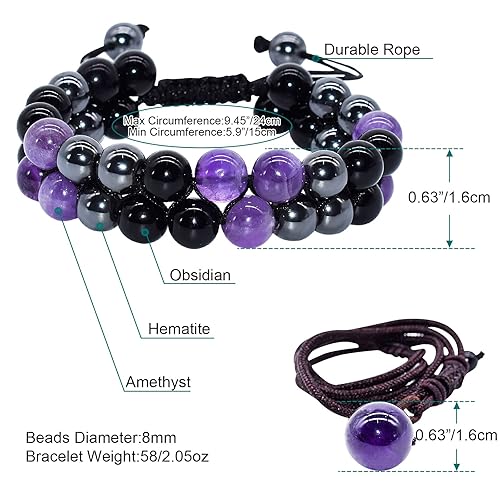 Miniatura 4 de XonyiCos Triple Protection Bracelet,Made by hand Crystal Bracelet for Men Women Amethyst Beads Hematite and Black Obsidian Natural Stone 8mm Healing