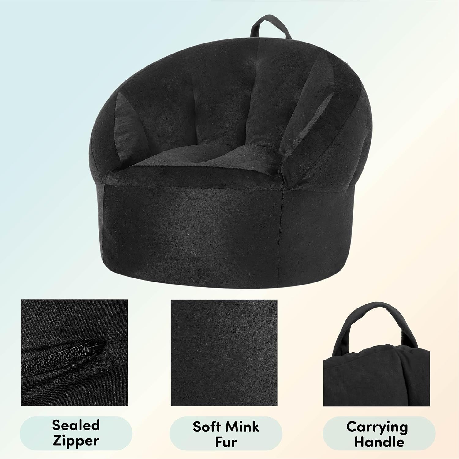 Heritage Kids Pod Curved Back Kids Bean Bag Chair, Soft Plush Lounge Seat for Bedroom or Playroom, Black