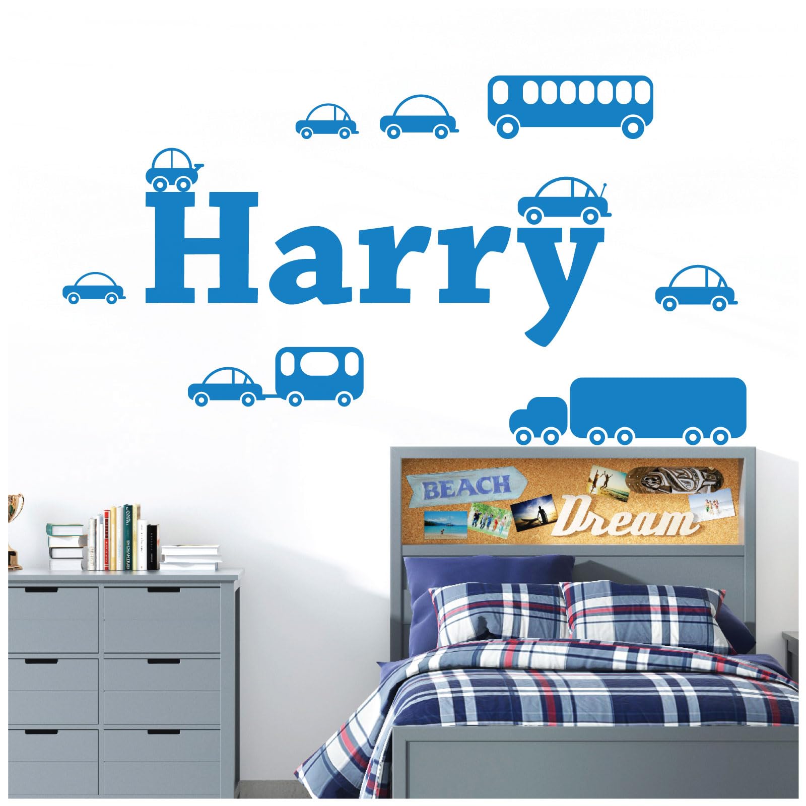 Personalised Name Boys Wall Art Sticker - Cartoon Trucks, Cars, Bus, Caravan, Taxi Set [Medium] [Ocean]