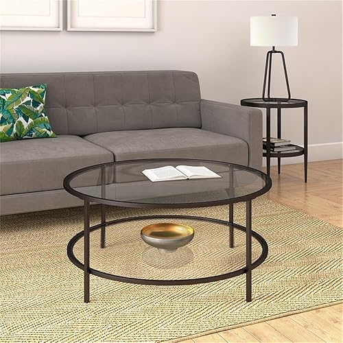 Miniatura 6 de Pemberly Row Mesa de centro redonda con base de metal de dos estantes en negro con tapa de vidrio