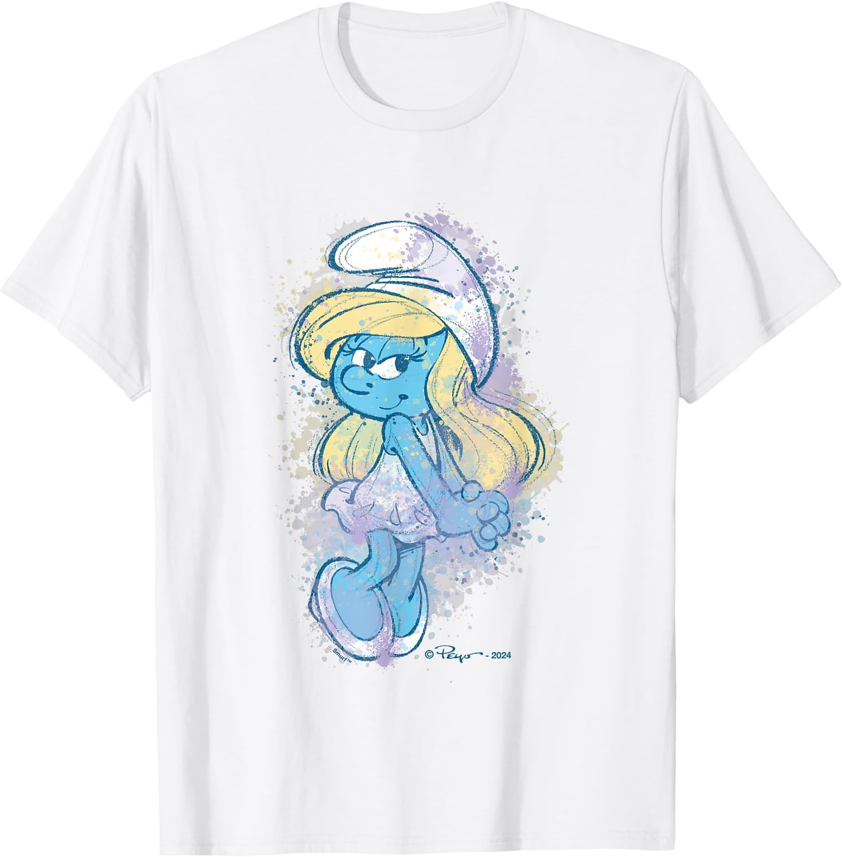 The Smurfs Cute Smurfette Watercolor Portrait Distressed T-Shirt