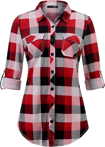 Amazon.com: DJT - Blusa tipo camisa a cuadros para mujer con botones y  manga larga arremangada y cuello abotonado : Ropa, Zapatos y Joyería