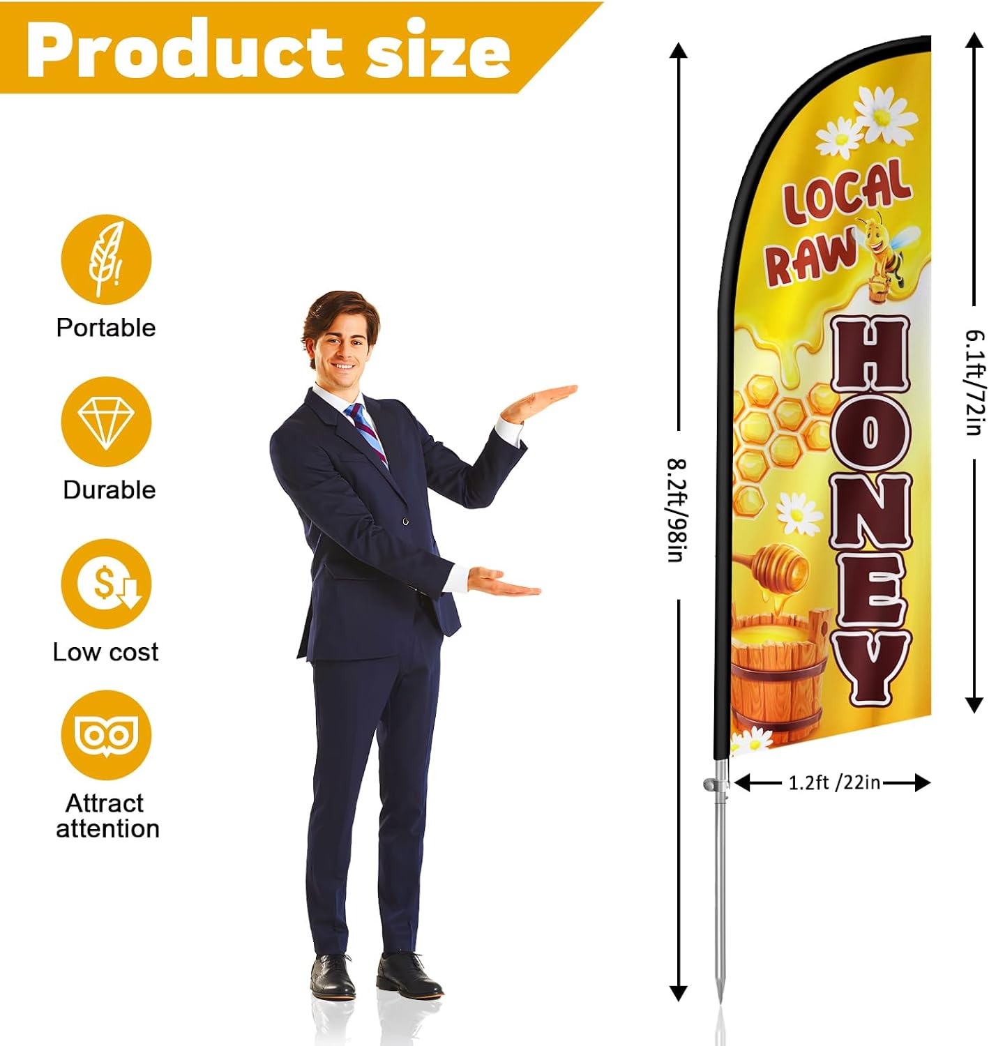 Local Raw Honey Flag for Business, Local Raw Honey 8FT Polyester Advertising Swooper Flag with Aluminium Alloy Flag Pole Kit, Stainless Steel, Ground Spike, Portable Bag