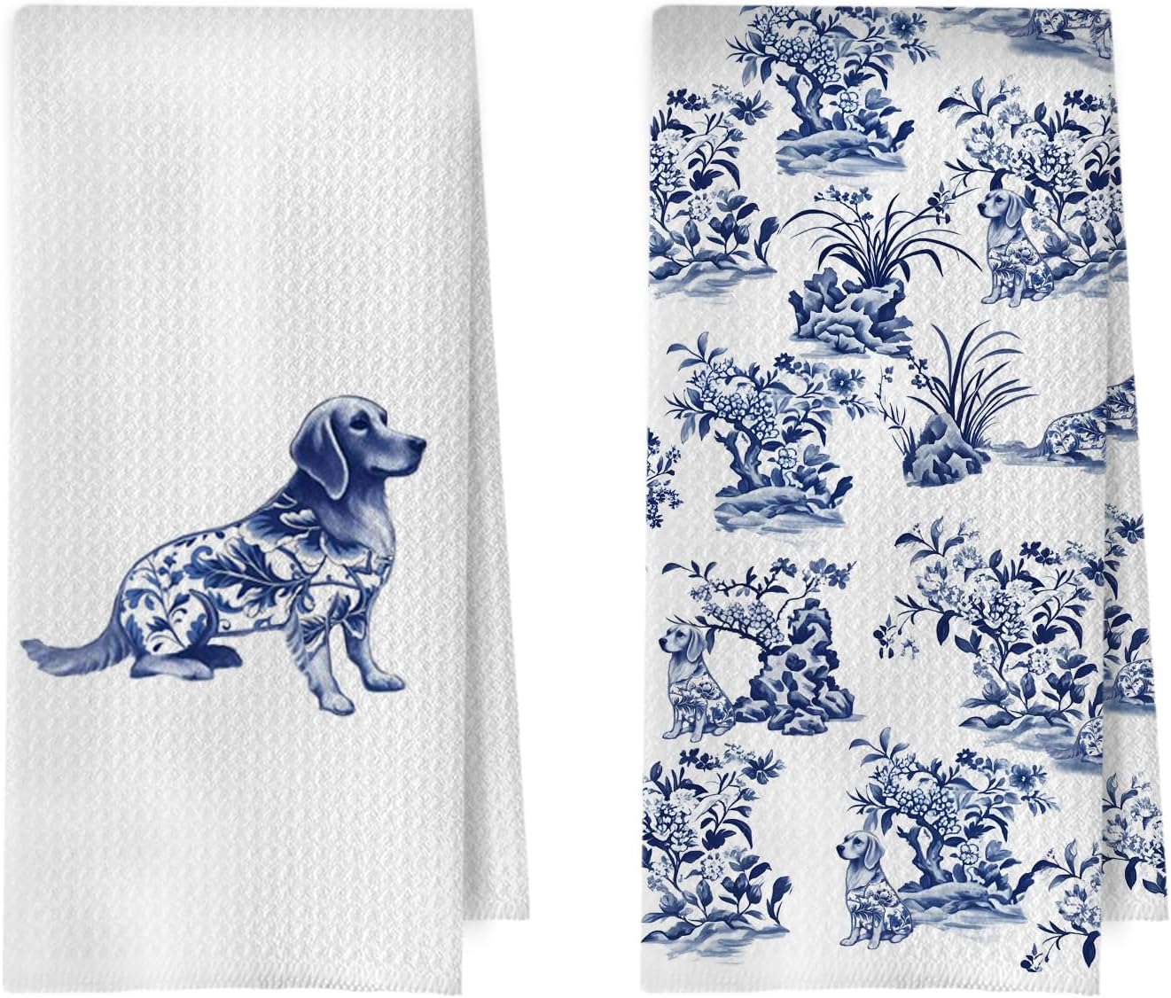 Chinoiserie Golden Retriever Kitchen Towels 16x24 Inch, Golden Retriever Gifts Decorative Waffle Weave Dish Towels, Blue and White Dog Hand Towel, Dog Lover Gifts Tea Towel Set of 2