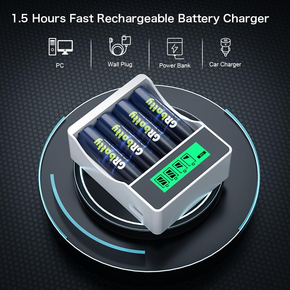 AA Rechargeable Batteries Lithium, 3500mWh 1.5V with 2 Hours Fast USB LCD Charger, for Household, Cordless Phones, Remote Controls, Electronics (8 Pack)