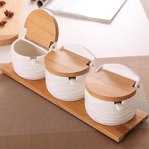 Miniatura 9 de Tarro de condimentos de porcelana con bandeja, cuchara de cerámica y tapa, recipiente de condimentos de cerámica para especias y azúcar, caja