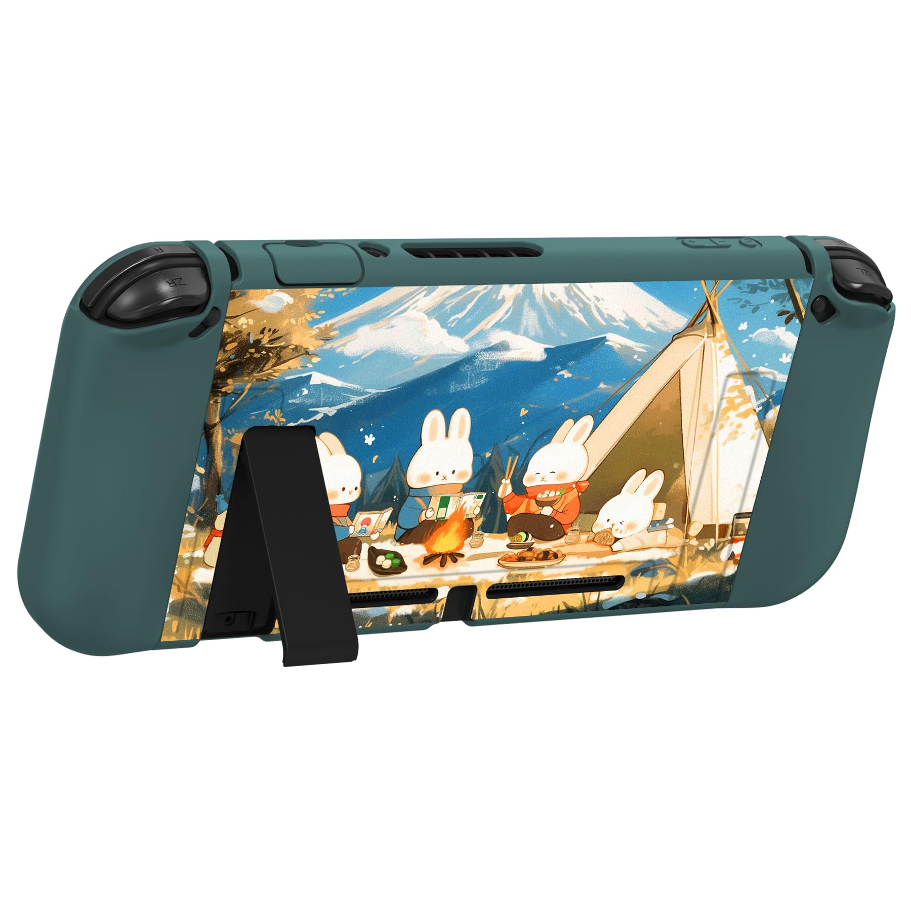 PlayVital Cover Custodia per Nintendo Switch,Copertura TPU Pellicola Vetro Temperato Protezione Copri Analogici Accessori per Switch Joycon Console-ZealProtect-Conigli da Campeggio