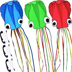 Pacote com 3 pipas de polvo, pipa 3D de cauda longa fácil de voar Kite Beach Kites pessoas adultos presente 3 cores (azul verde vermelho) Pipas para crianças fácil de voar, kit de pipa com corda de pipa de 100 m, kiteboard para adultos