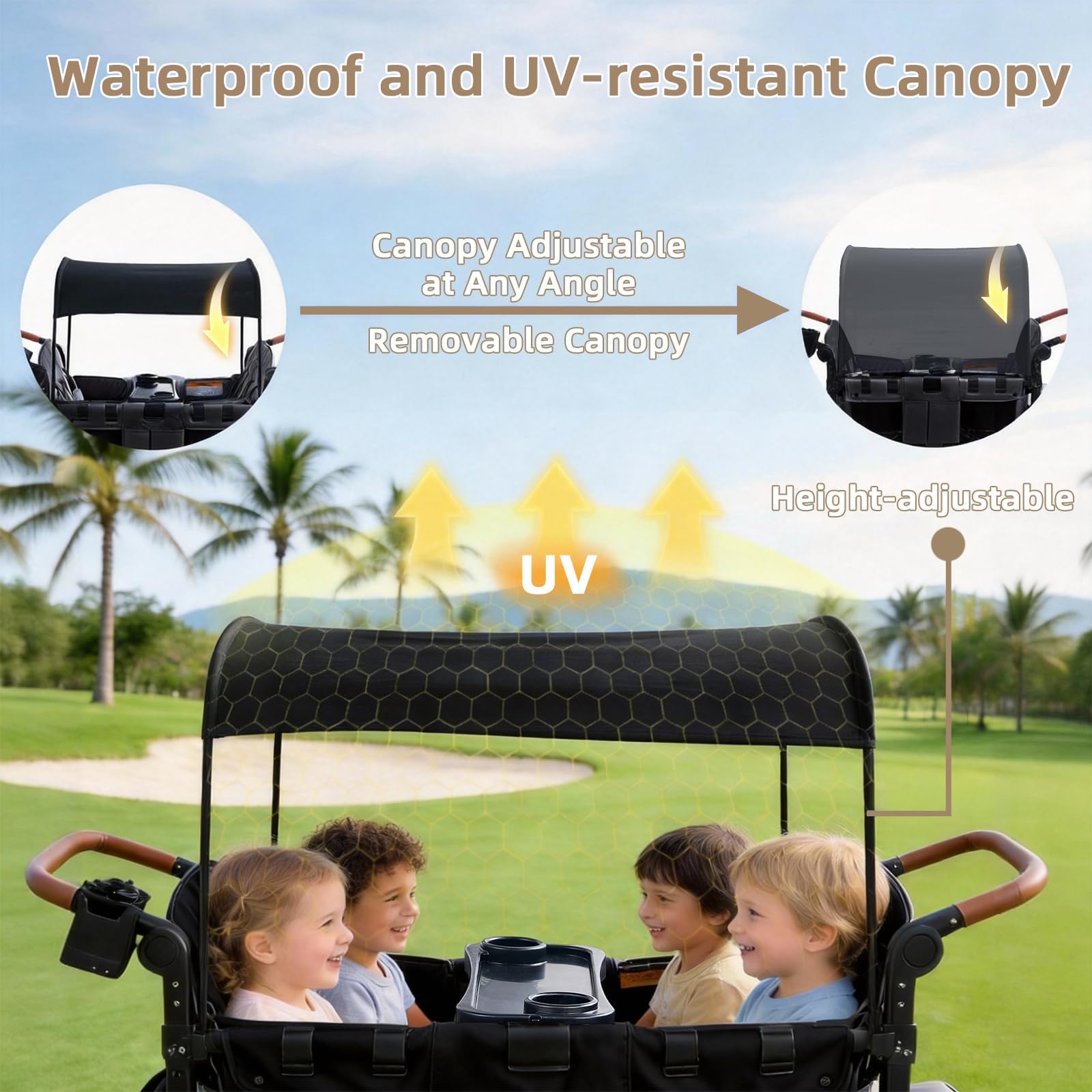 Bollerwagen Faltbar für 2-4 Kinder, Duo Schiebegriff Handwagen mit Dach, Bollerwagen Kinder 4 Sitzer für Ausflug Strand Camping