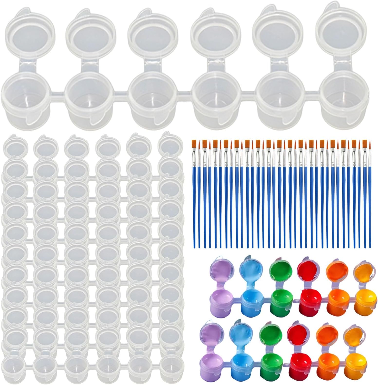 72 Pcs Empty Paint Pots and 34 Paint Brushes Set, 3ml Resealable Clear Mini Paint Cups for Kids, Art School, Acrylic Oil Painting Supplies