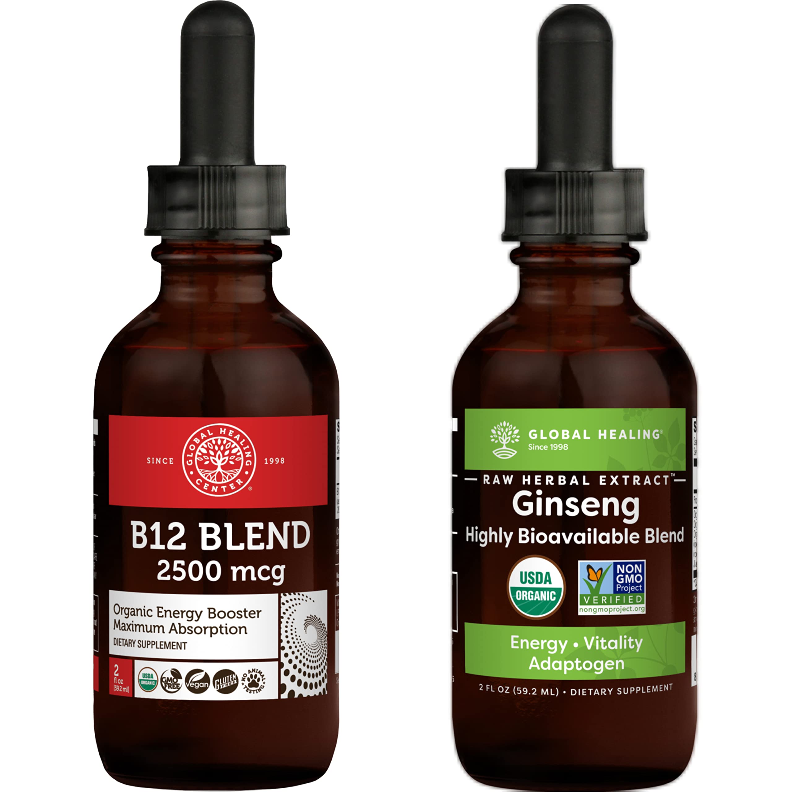 Global Healing B12 Blend & Ginseng Energy Kit - Organic Sublingual B12 Vitamin Supplement Drops for 