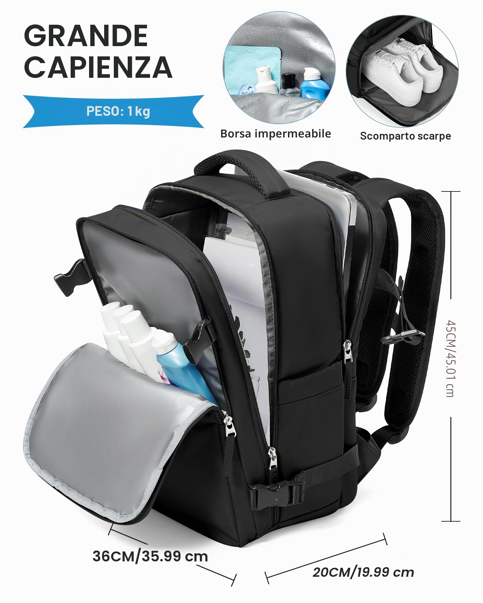 SZLX Zaino Ryanair 40x30x20 Sottovuoto Zaino da Viaggio 40x30x20 Wizzair | Bagaglio a Mano 40x30x20 Donna Uomo Borse da Cabina per Ryanair Easyjet Adatto a PC da 14 Pollici con USB e scomparto scarpe
